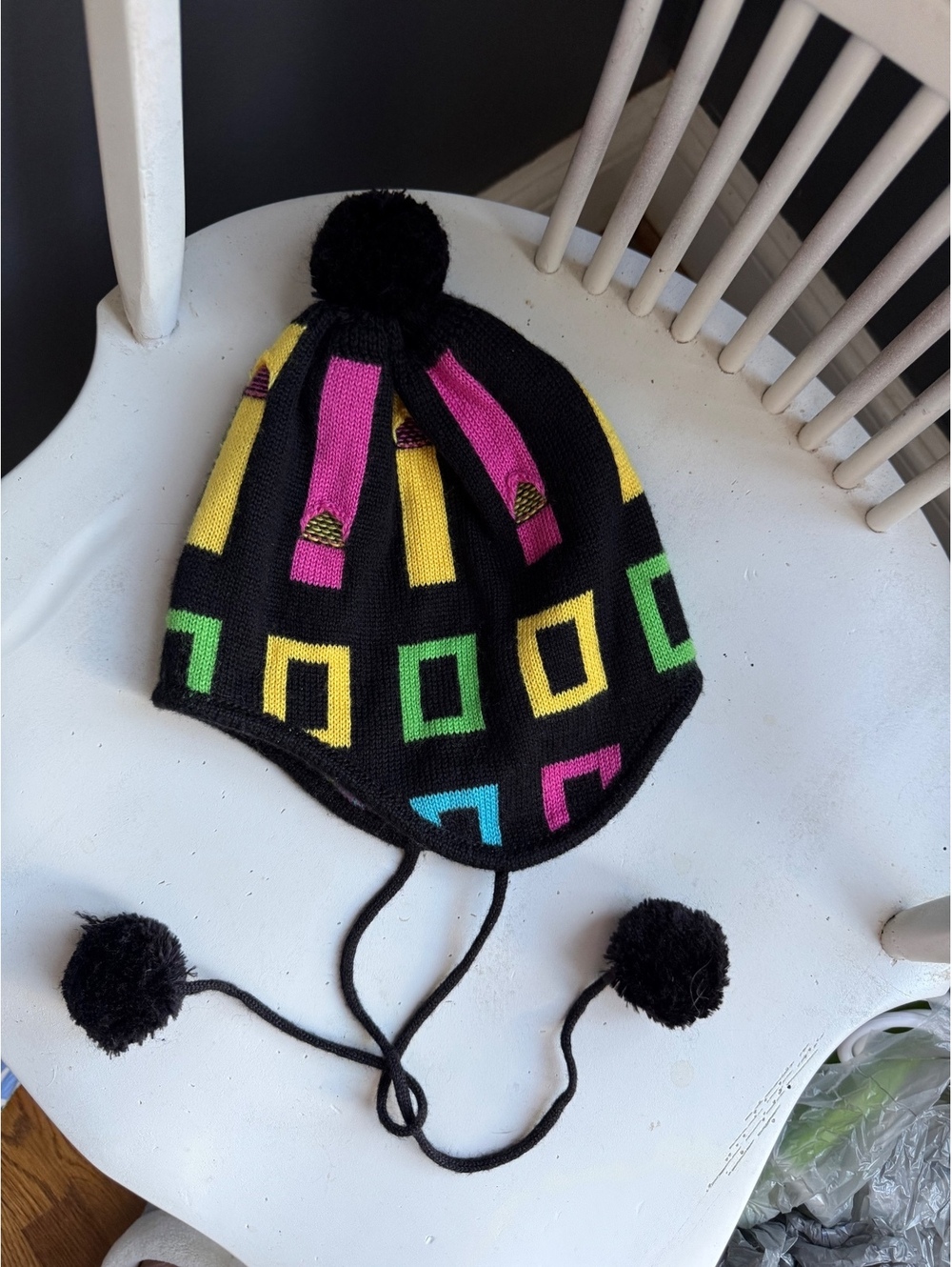 Colorful Knit Winter Hat with Pom Poms and Ear Flaps